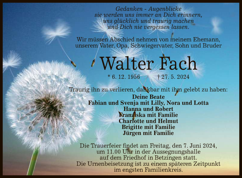  Traueranzeige für Walter Fach vom 01.06.2024 aus Reutlinger General-Anzeiger