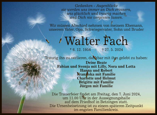 Anzeige von Walter Fach von Reutlinger General-Anzeiger