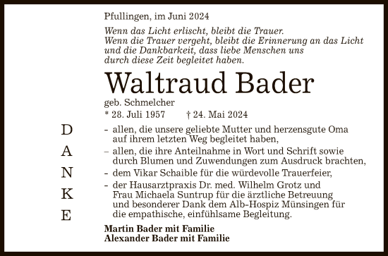Anzeige von Waltraud Bader von Reutlinger General-Anzeiger