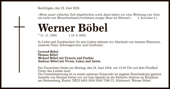 Anzeige von Werner Böbel von Reutlinger General-Anzeiger