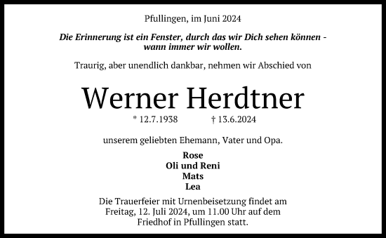 Anzeige von Werner Herdtner von Reutlinger General-Anzeiger