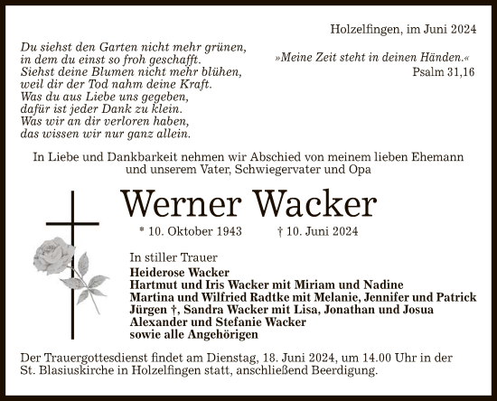 Anzeige von Werner Wacker von Reutlinger General-Anzeiger
