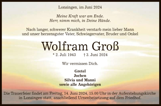 Anzeige von Wolfram Groß von Reutlinger General-Anzeiger