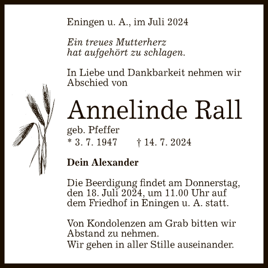 Anzeige von Annelinde Rall von Reutlinger General-Anzeiger