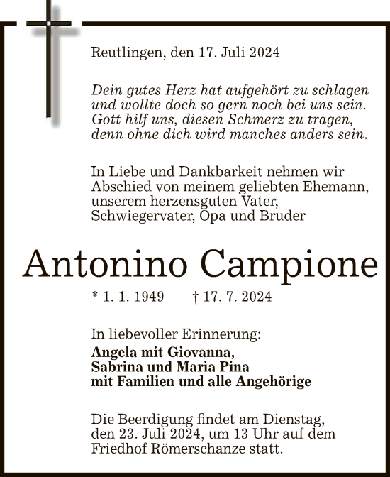 Anzeige von Antonino Campione von Reutlinger General-Anzeiger