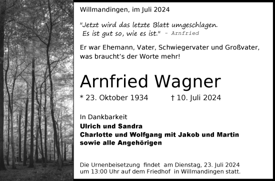 Anzeige von Arnfried Wagner von Reutlinger General-Anzeiger
