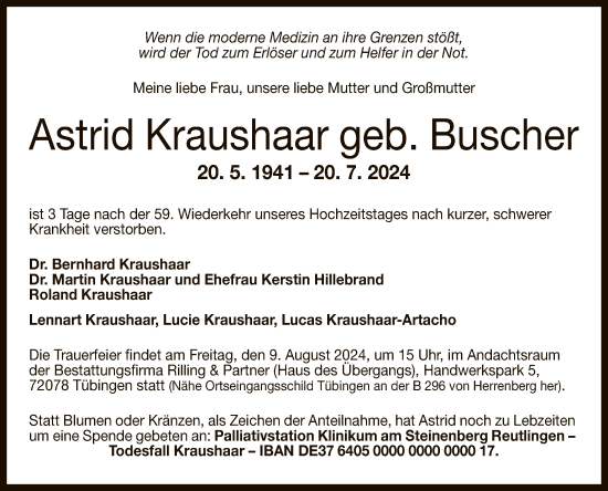 Anzeige von Astrid Kraushaar von Reutlinger General-Anzeiger