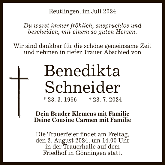 Anzeige von Benedikta Schneider von Reutlinger General-Anzeiger