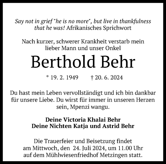 Anzeige von Berthold Behr von Reutlinger General-Anzeiger