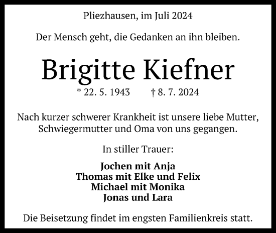 Anzeige von Brigitte Kiefner von Reutlinger General-Anzeiger
