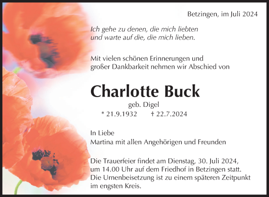 Anzeige von Charlotte Buck von Reutlinger General-Anzeiger