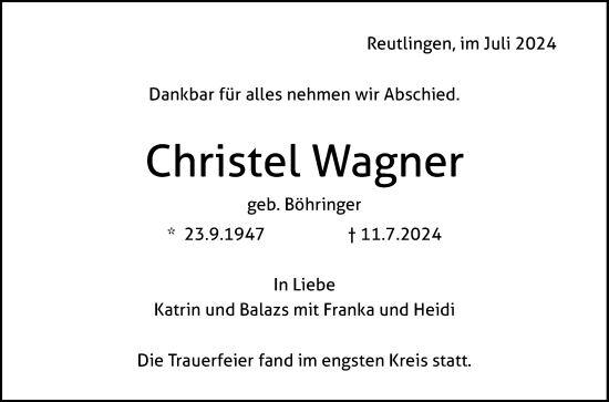 Anzeige von Christel Wagner von Reutlinger General-Anzeiger