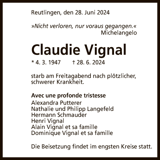Anzeige von Claudie Vignal von Reutlinger General-Anzeiger
