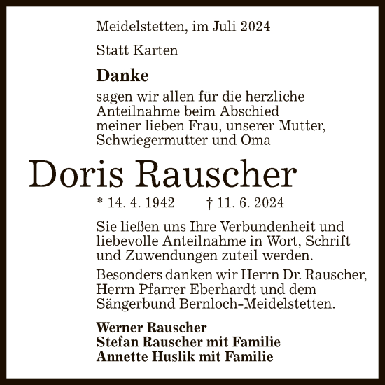 Anzeige von Doris Rauscher von Reutlinger General-Anzeiger