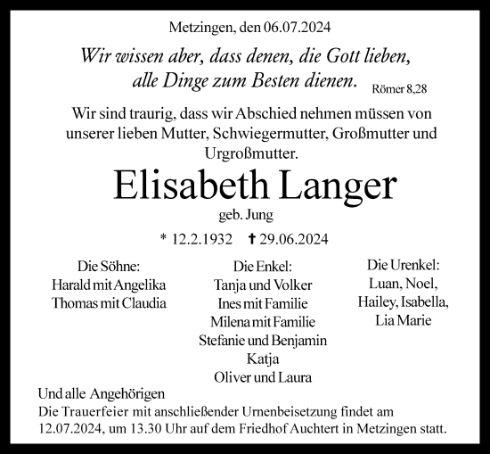 Anzeige von Elisabeth Langer von Reutlinger General-Anzeiger