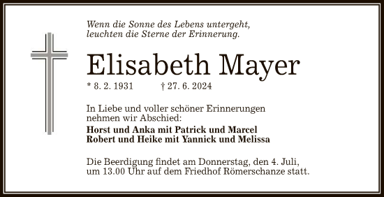 Anzeige von Elisabeth Mayer von Reutlinger General-Anzeiger