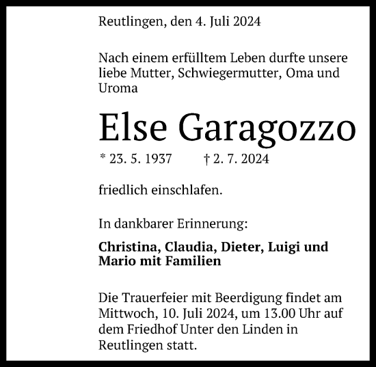 Anzeige von Else Garagozzo von Reutlinger General-Anzeiger
