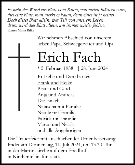 Anzeige von Erich Fach von Reutlinger General-Anzeiger