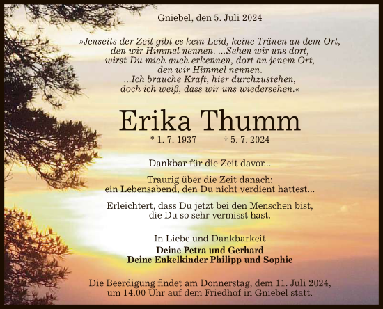 Anzeige von Erika Thumm von Reutlinger General-Anzeiger
