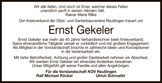 Anzeige von Ernst Gekeler von Reutlinger General-Anzeiger
