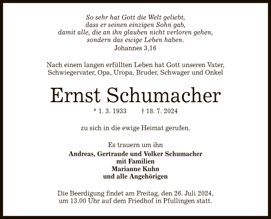 Anzeige von Ernst Schumacher von Reutlinger General-Anzeiger