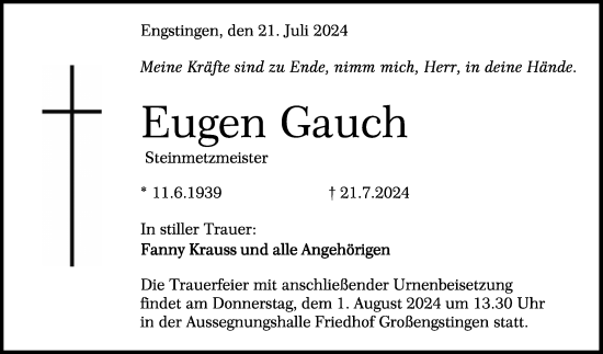 Anzeige von Eugen Gauch von Reutlinger General-Anzeiger