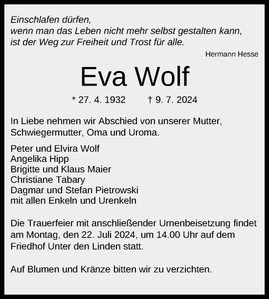 Anzeige von Eva Wolf von Reutlinger General-Anzeiger