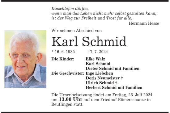 Anzeige von Karl Schmidt von Reutlinger General-Anzeiger