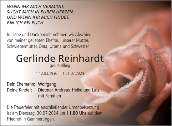 Anzeige von Gerlinde Reinhardt von Reutlinger General-Anzeiger