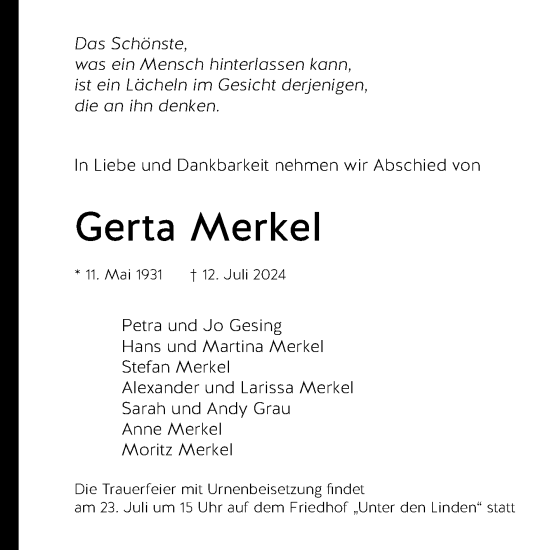 Anzeige von Gerta Merkel von Reutlinger General-Anzeiger
