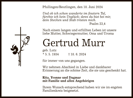 Anzeige von Gertrud Murr von Reutlinger General-Anzeiger