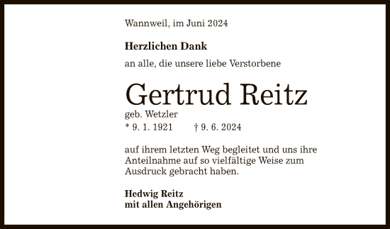 Anzeige von Gertrud Reitz von Reutlinger General-Anzeiger