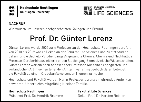 Anzeige von Günter Lorenz von Reutlinger General-Anzeiger