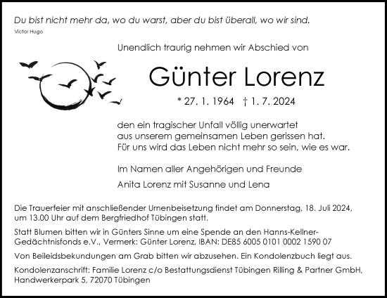 Anzeige von Günter Lorenz von Reutlinger General-Anzeiger