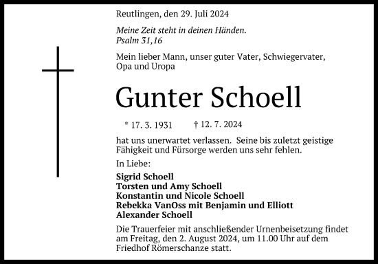 Anzeige von Gunter Schoell von Reutlinger General-Anzeiger