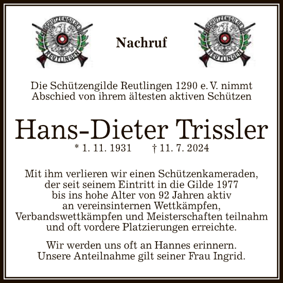 Anzeige von Hans-Dieter Trissler von Reutlinger General-Anzeiger