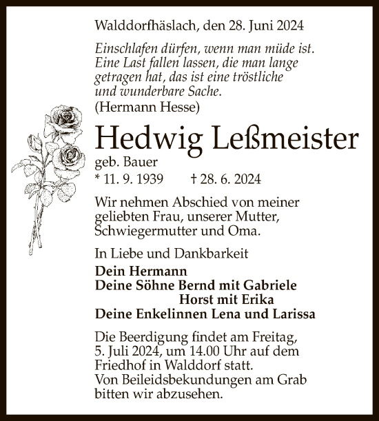 Anzeige von Hedwig Leßmeister von Reutlinger General-Anzeiger