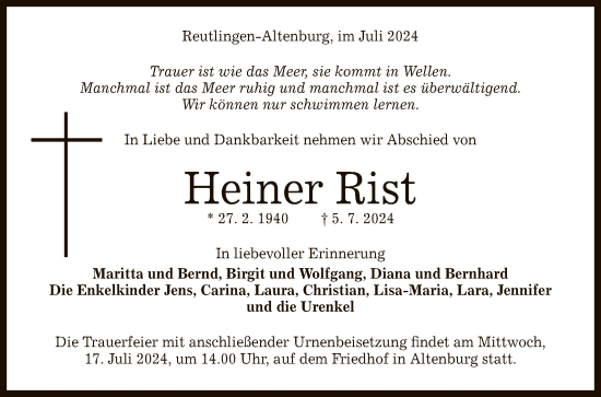 Anzeige von Heiner Rist von Reutlinger General-Anzeiger