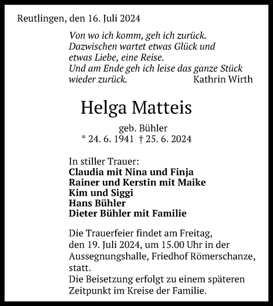 Anzeige von Helga Matteis von Reutlinger General-Anzeiger