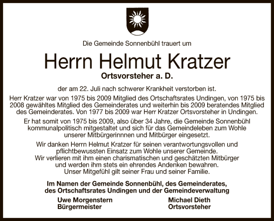 Anzeige von Helmut Kratzer von Reutlinger General-Anzeiger