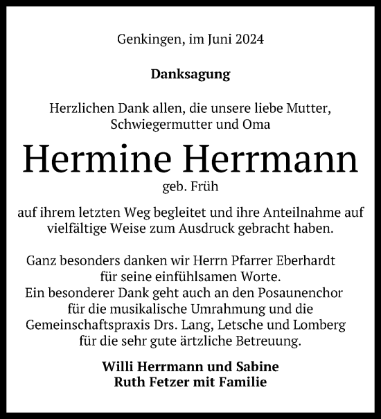 Anzeige von Hermine Herrmann von Reutlinger General-Anzeiger