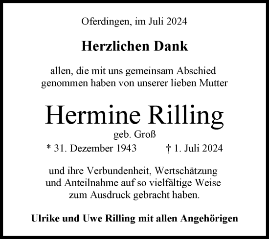 Anzeige von Hermine Rilling von Reutlinger General-Anzeiger
