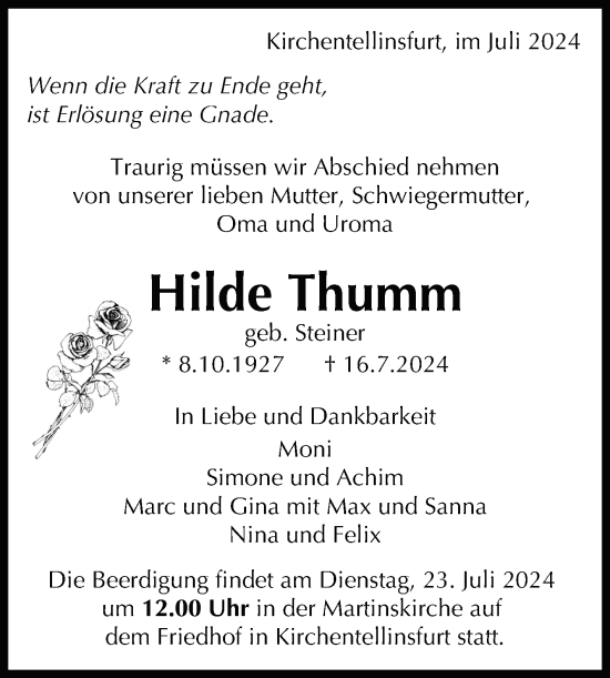 Anzeige von Hilde Thumm von Reutlinger General-Anzeiger