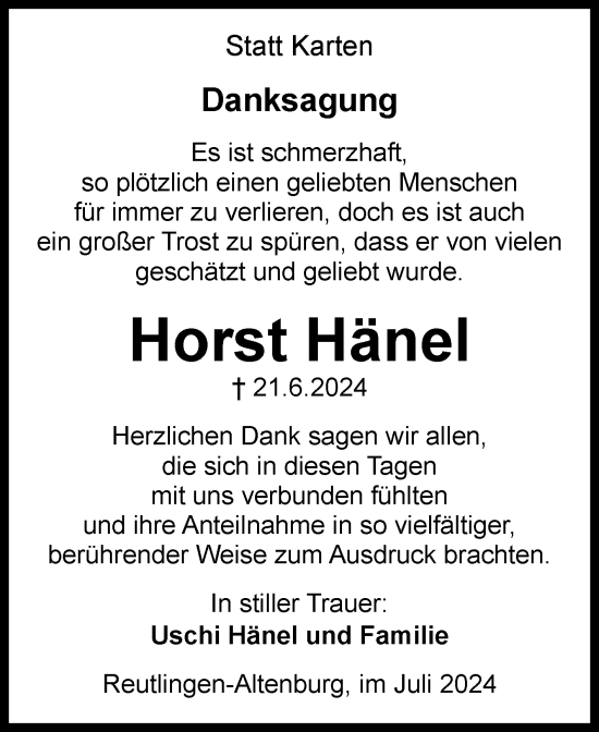 Anzeige von Horst Hänel von Reutlinger General-Anzeiger