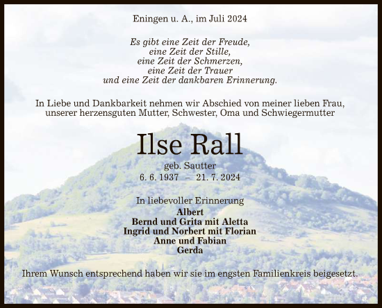 Anzeige von Ilse Rall von Reutlinger General-Anzeiger