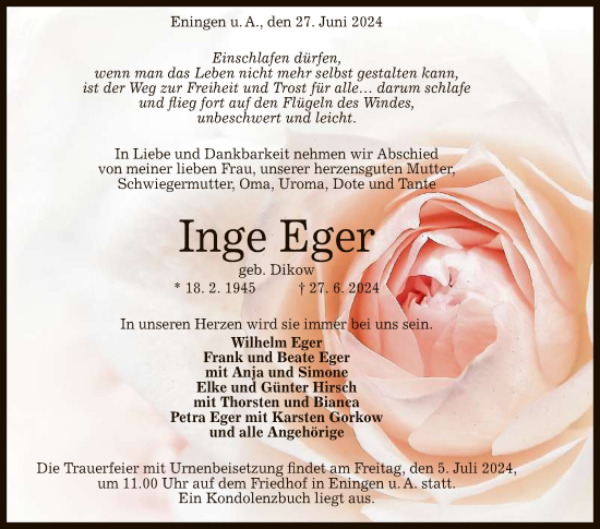 Anzeige von Inge Eger von Reutlinger General-Anzeiger