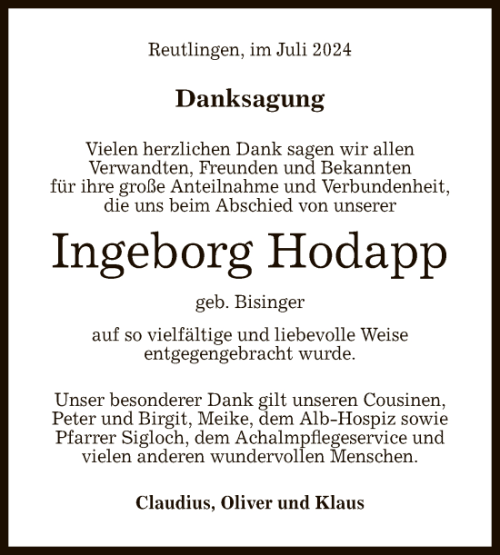Anzeige von Ingeborg Hodapp von Reutlinger General-Anzeiger