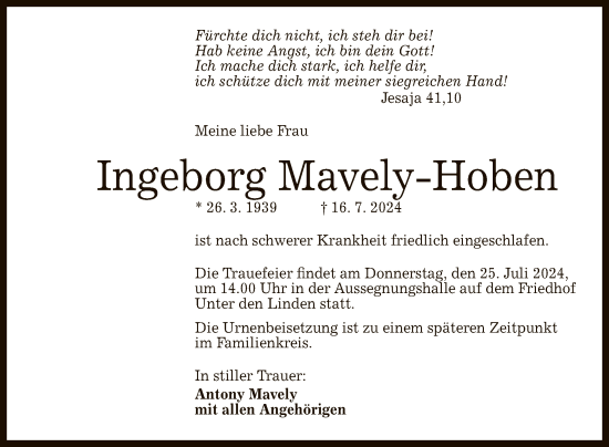 Anzeige von Ingeborg Mavely-Hoben von Reutlinger General-Anzeiger