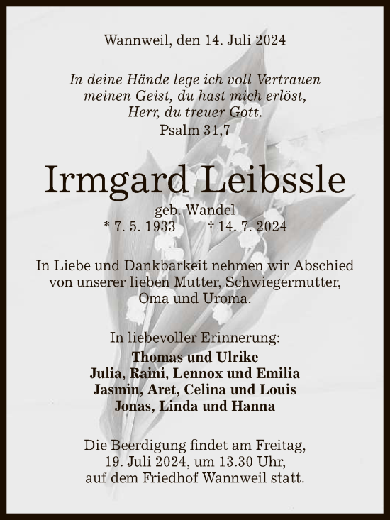 Anzeige von Irmgard Leibssle von Reutlinger General-Anzeiger