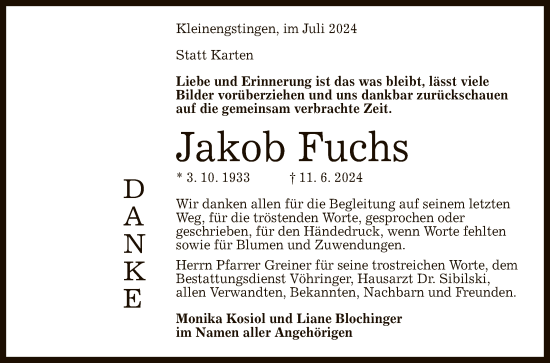 Anzeige von Jakob Fuchs von Reutlinger General-Anzeiger